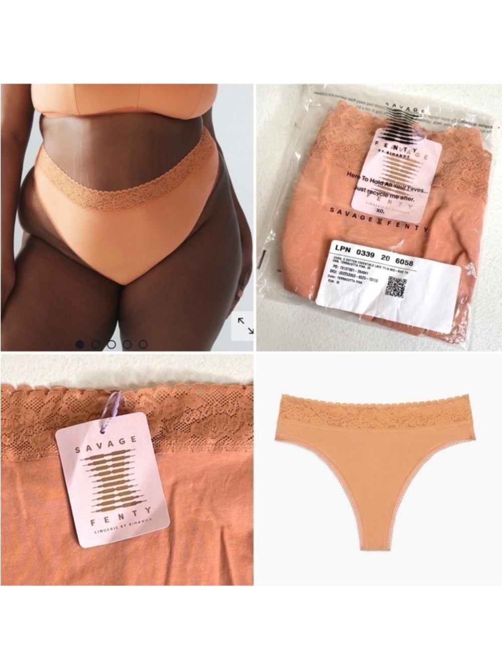 Savage x Fenty Cotton Essentials Lace-Trim Mid-Rise Thong Panty Size 3X